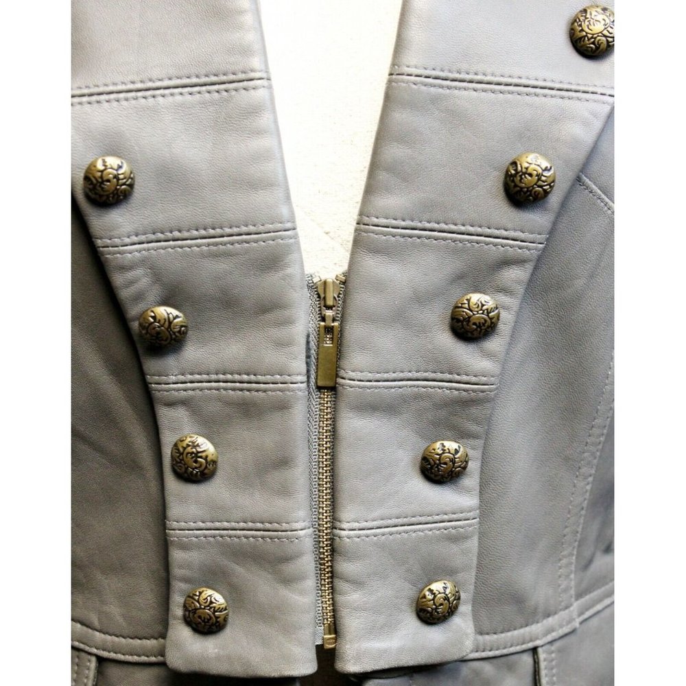 Classy Women's Gray Leather Military Style Jacket by Michaela Fur - Picture 6 of 11